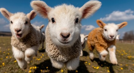 Obraz premium Lambs Running in a Field of Dandelions Under a Blue Sky, Symbolizing Springtime Joy and Agricultural Abundance for Family Farming and Rural Tourism : Generative AI