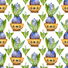 Watercolor illustration. Ceramic flower pot. Ceramics for flowers and water and house plants, seamless pattern on a white background.