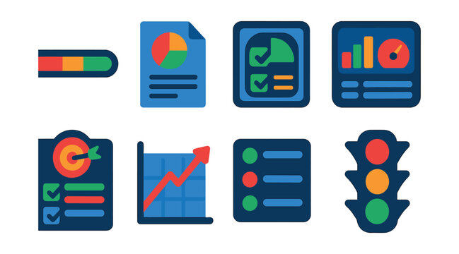 Flat vector icons of project tracking and reporting: progress bar icon, project report file, task completion chart, dashboard metrics, goal tracking board, productivity graph, issue tracker, project
