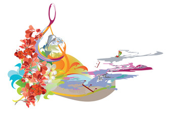 Abstract nature treble clef decorated with summer and spring flowers, notes, birds. Light and relax music. Hand drawn vector illustration.