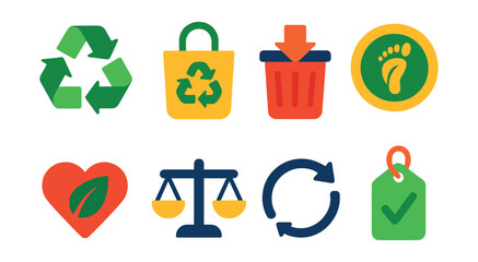 Flat vector icons of sustainable living basics: recycle icon, reuse bag, reduce waste symbol, green footprint badge, eco-conscious heart, responsible choice scale, circular economy arrow, conscious