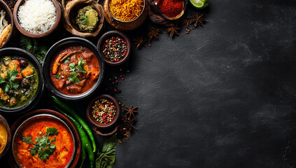 Traditional Indian food and dishes on a dark background, a border with Indian cuisine elements. 