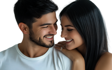 A man in a white t-shirt is smiling and holding his wife, who has long black hair, against a transparent background