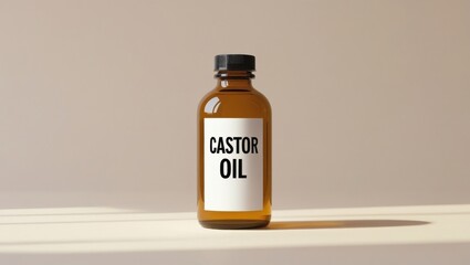 Glass bottle of castor oil with a metal cap and bold “Castor Oil” label, placed on a beige background. Clean, minimal composition ideal for health, wellness, and skincare themes.