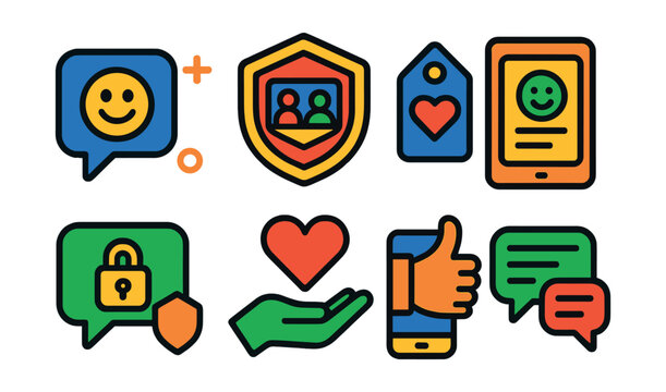 Flat vector icons of healthy digital relationships: positive messaging icon, video call respect badge, digital empathy tag, online tone check, safe comment icon, conscious reaction icon, supportive