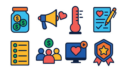 Flat vector icons of fundraising and campaigns: fundraising jar, charity campaign, goal meter, pledge form, donor list, fundraising team, live stream fundraiser, challenge badge.