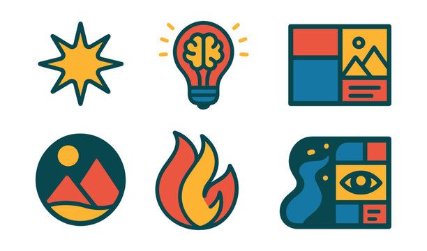 Flat vector icons of creativity and artistic vision: creative spark icon, artistic inspiration lightbulb, concept sketch symbol, moodboard layout, visual storytelling badge, imagination flame,