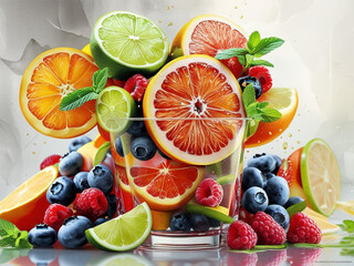 A vibrant display of fresh fruits fills a clear glass, overflowing with an enticing arrangement that captures the essence of summer. Bright orange slices rest beside zesty green lime wedges