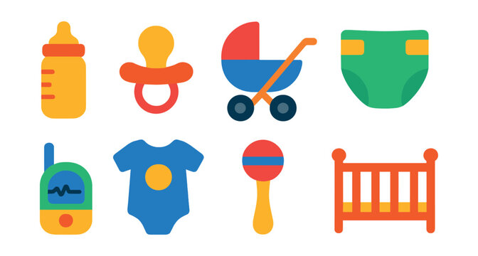 Flat vector icons of baby care essentials: baby bottle, pacifier, stroller, diaper, baby monitor, baby clothes, toy rattle, crib.