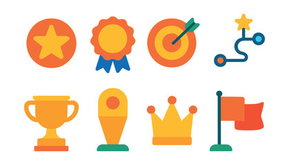 Flat vector icons of success and achievement: star achievement icon, celebration badge, goal completed symbol, success roadmap, recognition trophy, progress milestone marker, growth crown,