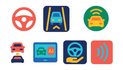 Flat vector icons of autopilot and driving tech: steering wheel icon, auto lane icon, radar sensor, adaptive cruise control, self-driving badge, AI drive screen, hand-free mode, detection wave.