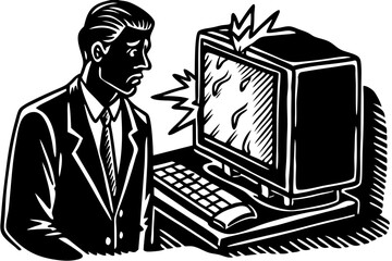 Frustrated Businessman with Exploding Computer Technology Glitch Illustration, businessman, computer, explosion, technology, frustration, problem, malfunction, failure, error, glitch, issue, stress