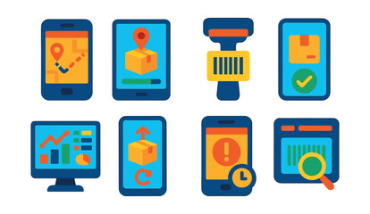 Flat vector icons of logistics apps and interfaces: mobile logistics app, tracking interface, barcode scanner app, delivery confirmation screen, logistics dashboard, order update app, ETA alert, scan