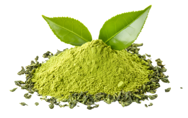 Pink t-shirt template for women, front and back view isolated on a transparent background - A pile of green tea powder with two fresh leaves on top, isolated on a transparent background