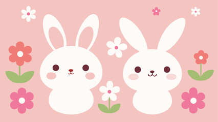 Obraz premium Cute cartoon bunnies and flowers arrangement against a pink background vector illustration