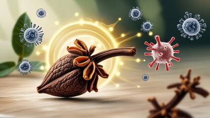 Hyper-detailed close-up of a vibrant clove bud, rich in texture and oils. A glowing aura surrounds it as symbolic bacteria, fungi, and viruses dissolve, illustrating its potent natural healing power.