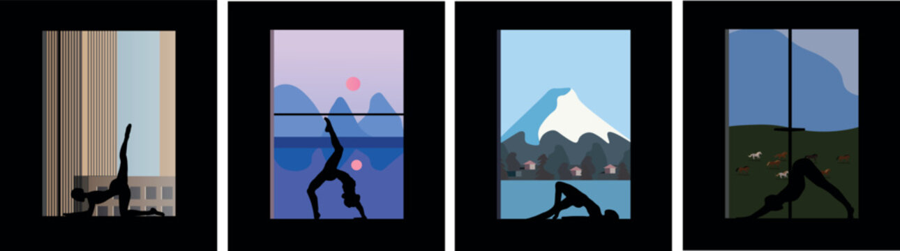 silhouette of a woman standing in yoga pose on the fon beautiful landscape vector illustration 