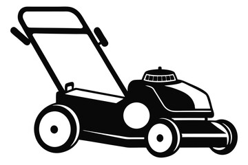 Black and White Vector Illustration of a Lawn Mower with Handle and Wheels