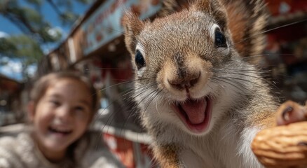 Fototapeta premium Close Up of a Squirrel Holding a Nut, With a Smiling Girl in the Background, Representing Wildlife and Childhood Joy : Generative AI