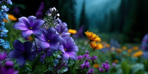 Colorful wildflowers blooming in a serene meadow surrounded by mountains in early morning light