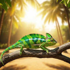 Obraz premium Bright Green and Blue Chameleon on a Tree Branch with a Tropical Beach and Palm Trees in the Sunny Background