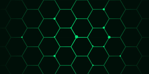 Obraz premium Abstract Futuristic Hexagon Network Background with Glowing Green Grid on Dark Technology Theme.