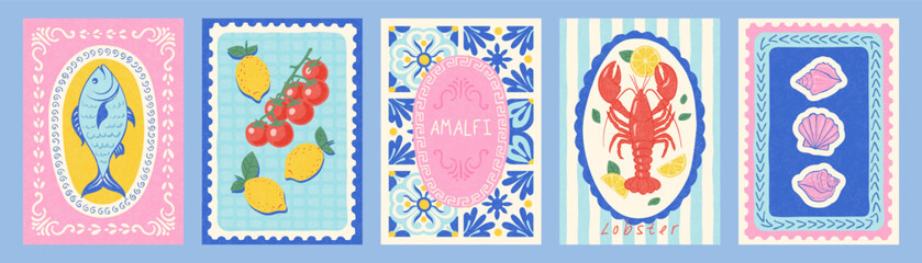 Set of Italian summer themed vertical card designs featuring fish, lemon, tomato, lobster, shell for Mediterranean travel postcard, poster or menu design vector illustration.