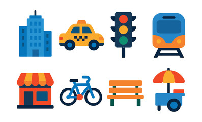 Flat vector icons of urban life: skyscraper, taxi, traffic light, subway, coffee shop, bicycle, park bench, street food cart.