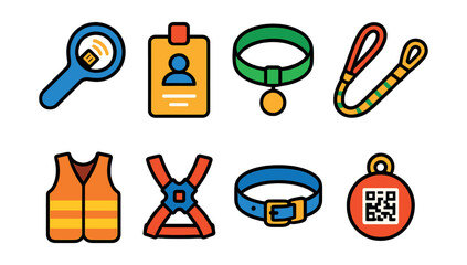 Flat vector icons of ID and safety gear: microchip scanner, ID tag, glow-in-the-dark collar, LED leash, safety vest, escape-proof harness, breakaway collar, QR code tag.