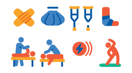 Flat vector icons of sports injuries and recovery: bandage, ice pack, crutches, cast, physical therapy, massage, pain relief, stretching.