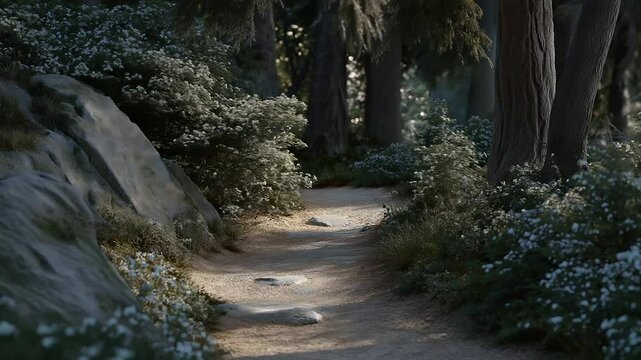 Tranquil Forest Path with Sunlight Filtering Through Trees