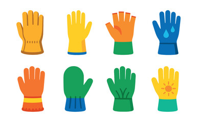 Flat vector icons of gardening gloves types: leather gloves, rubber gloves, cotton gloves, fingerless gloves, waterproof gloves, insulated gloves, gardening mittens, sun gloves.