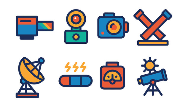 Flat vector icons of space instruments: spectrometer, photometer, CCD camera, interferometer, radio antenna, magnetometer, gravimeter, solar telescope.