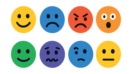 Flat vector icons of emotions: happy face, sad face, angry face, surprised face, calm face, anxious face, confused face, neutral face.