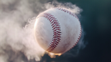 A baseball on fire flies through the air, leaving a trail of smoke.