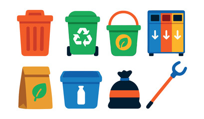 Flat vector icons of recycling and waste management: trash bin, recycling bin, compost bucket, waste separator, paper bag for waste, plastic sorting box, garbage bag roll, trash picker.