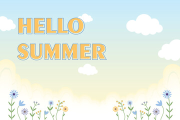 Floral Hello Summer Scene with Gradient Sky. Vector background featuring floral elements, soft pastel tones, and clouds. Great for seasonal ads, posters, or social media content.