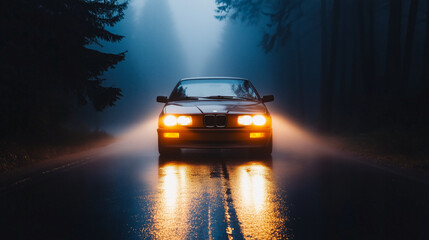 Car driving through dense fog on a wet road during early morning