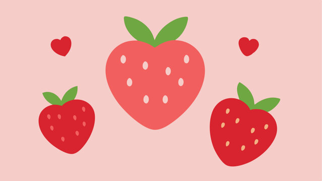 Cute heart shaped strawberries with two hearts on a pink background design