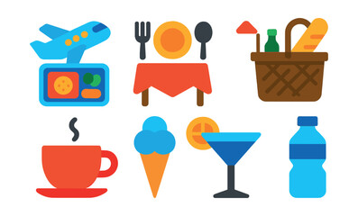 Flat vector icons of travel food and dining: airplane meal, restaurant table, street food, picnic basket, coffee cup, ice cream cone, cocktail glass, water bottle.