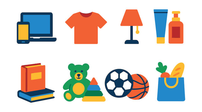 Flat vector icons of product categories: electronics, clothing, home goods, beauty products, books, toys, sports equipment, groceries.