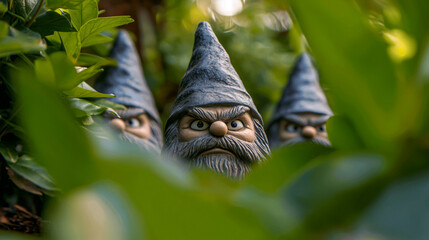 Obraz premium Mischievous garden gnomes displaying their angry expressions
