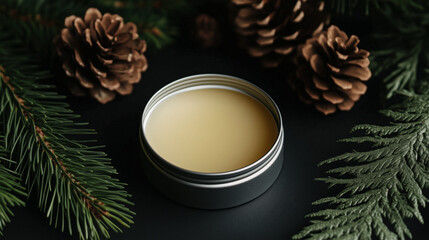 Natural beard balm in tin surrounded by pine cones