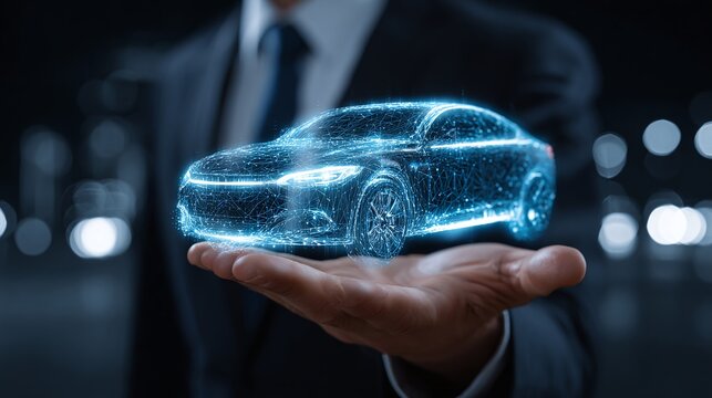 Digital Car on Hand: Futuristic Automotive Technology Concept. Car design, innovation, connectivity, virtual reality, and the future of transportation.