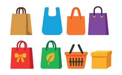 Flat vector icons of shopping bag styles: paper bag, plastic bag, reusable tote, luxury shopping bag, gift bag, eco-friendly bag, shopping basket, box packaging.