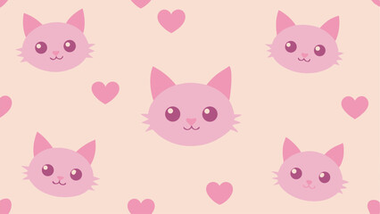 Obraz premium Cute pink cat heads and hearts pattern adorable seamless background design