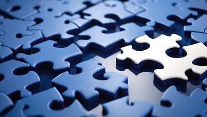 Unique white puzzle piece stands out among a collection of blue pieces