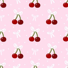 Cute cherry pattern with red cherries, white bows, and pink polka dot background. Perfect for girly designs, fabric, wallpapers, and summer-themed projects.
