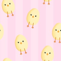 Cute yellow baby chicks pattern on pink striped background, perfect for Easter, nursery decor, kids fabric, or spring designs.