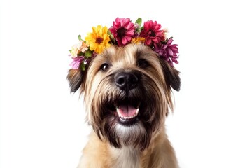 Professional studio artwork. Isolated blue background, copy space, promotion artwork. Cute adult dog maltese wearing savage flower circlet on its head - symbol of sunny vacation time.